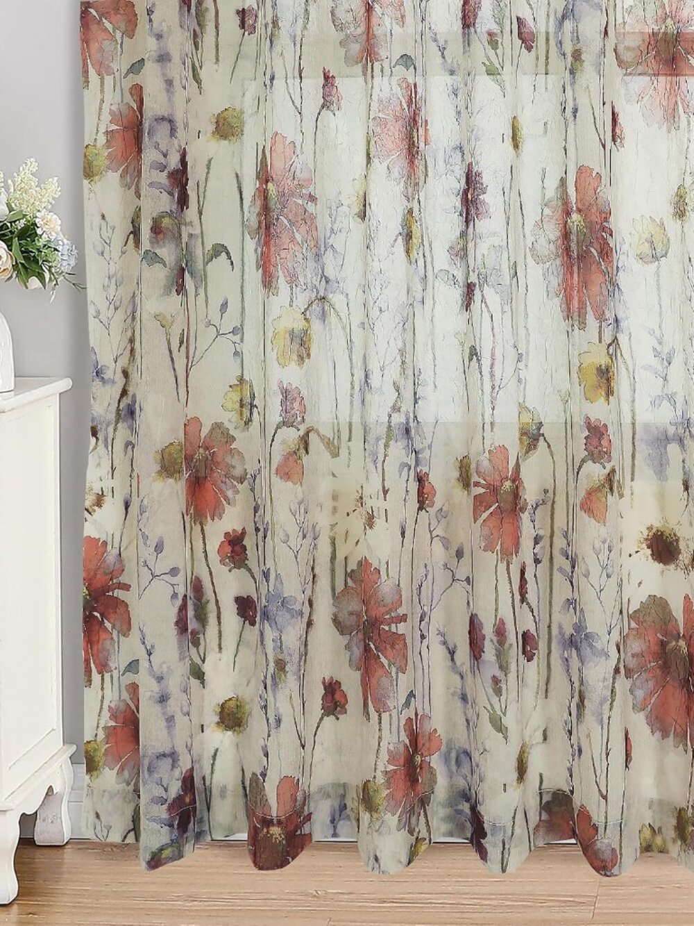 Crushed Sheer Curtains 63 Inches Length 2 Panels Set, Sheer Floral Curtians with